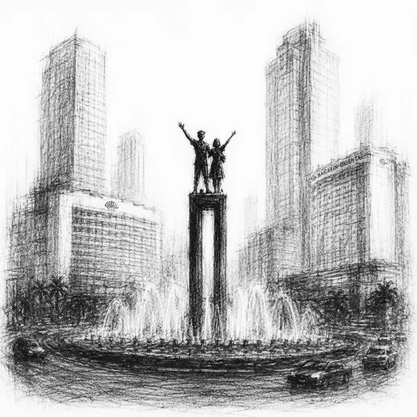 Charcoal sketch of the Welcome Monument fountain and its two bronze figures in central Jakarta