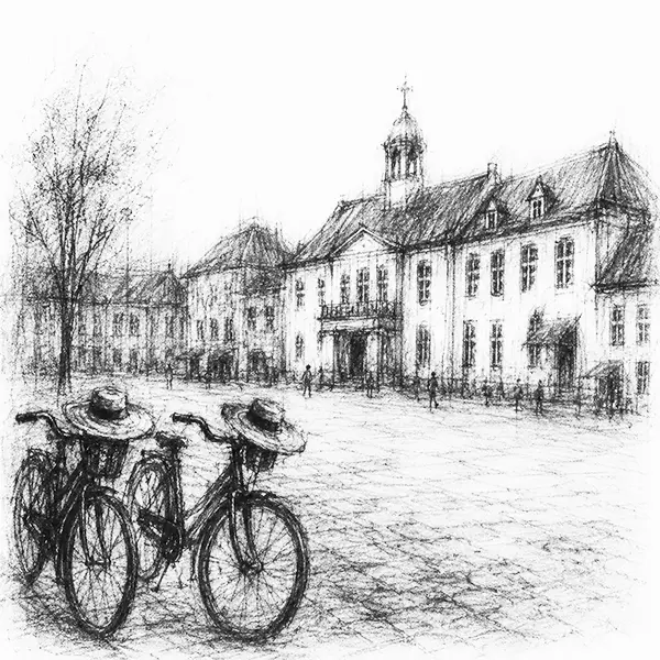 Charcoal sketch of the old Dutch colonial square of Kota Tua in Jakarta