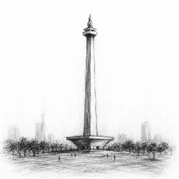 Charcoal sketch of the National Monument obelisk rising over central Jakarta, a flame at its tip