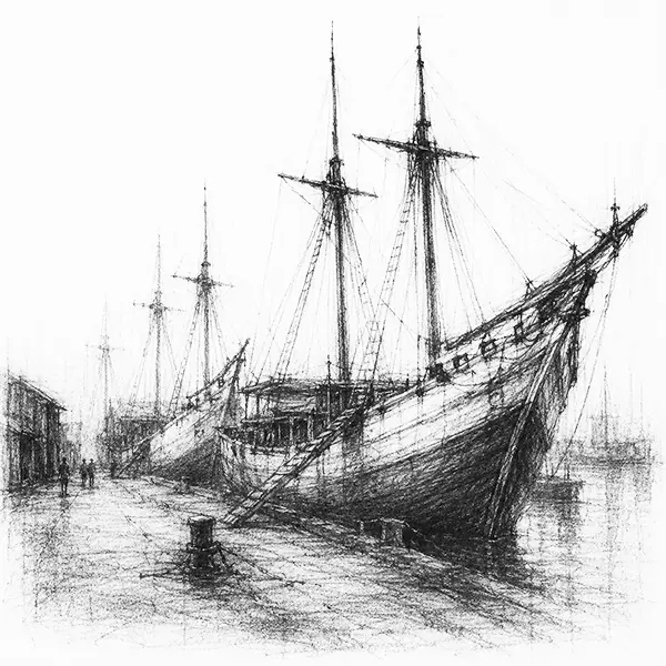 Charcoal sketch of tall wooden pinisi schooners moored at the old Sunda Kelapa harbour
