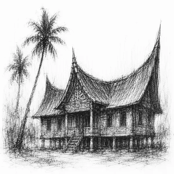 Charcoal sketch of a traditional Indonesian house with a dramatic upswept horned roof Indonesia