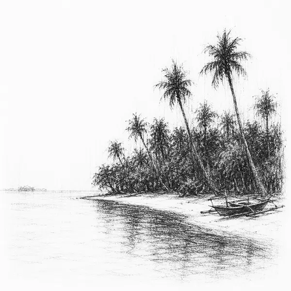 Charcoal sketch of a palm islet and wooden boat in the Thousand Islands