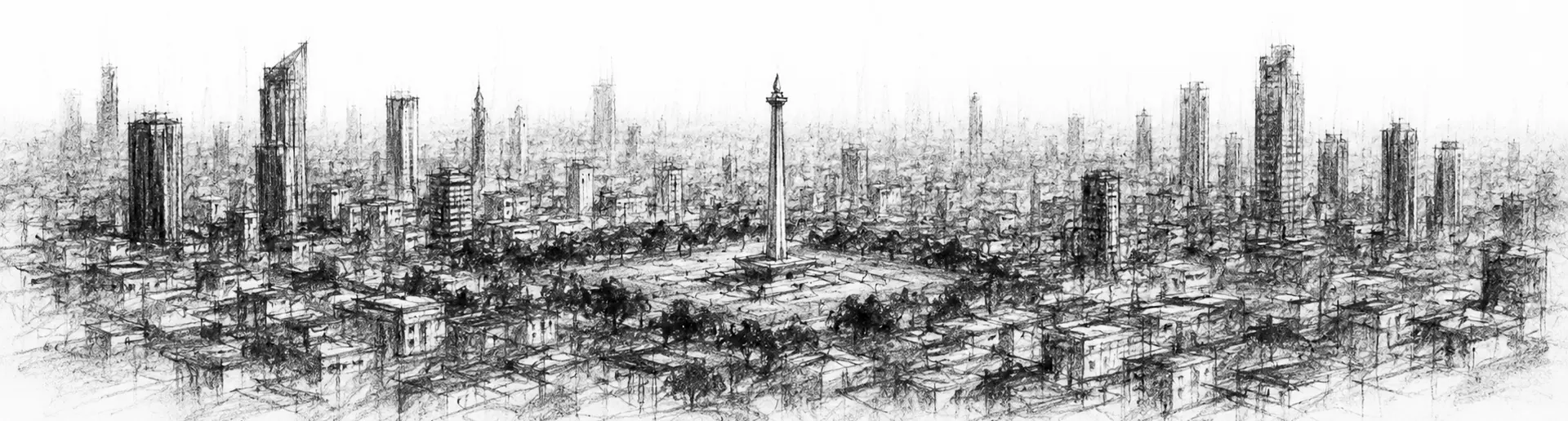 Charcoal sketch of the present-day Jakarta megacity, a vast low sprawl under a soft haze with modern towers, the National Monument needle rising from its green square - never been abroad