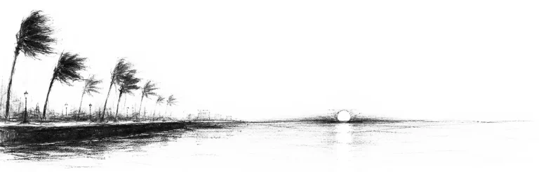 Charcoal sketch of the flat sunset over Manila Bay, the sun low on the wide pale water with silhouetted palms along the seawall - never been abroad