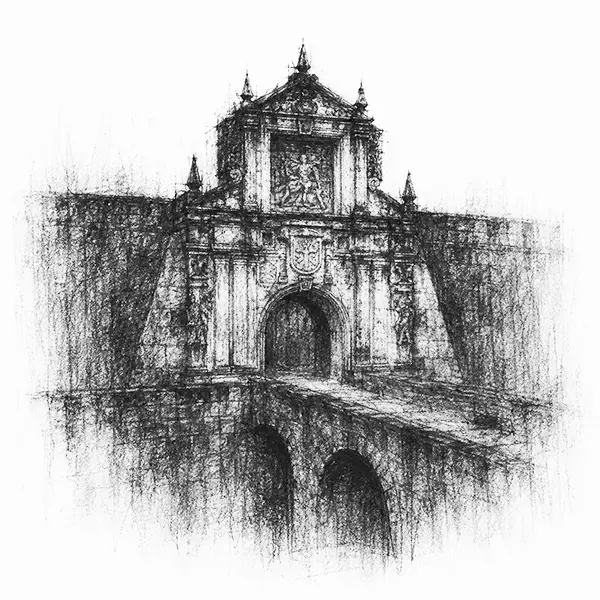 a Spanish-era stone fort gate, an arched portal in a thick old wall above a dry moat in Manila