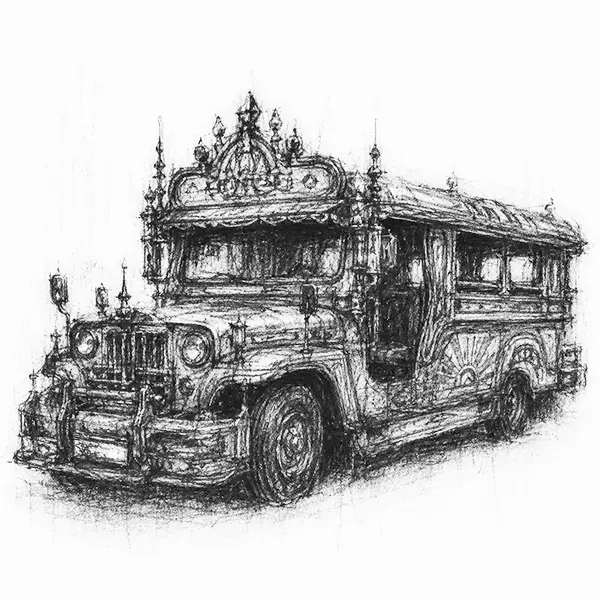 a flamboyantly decorated jeepney, a long low passenger vehicle crowded with painted ornament and chrome