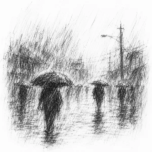 Charcoal sketch of sudden monsoon rain falling hard on a crowded thoroughfare, figures bent under umbrellas, the road sheeting with water