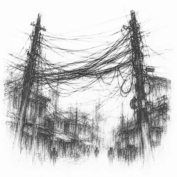 a dense tangle of overhead electrical wires looping between leaning poles