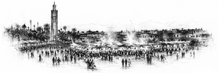 Charcoal sketch of Marrakech at dusk, the Koutoubia tower over the low city, snow-capped mountains beyond - never been abroad