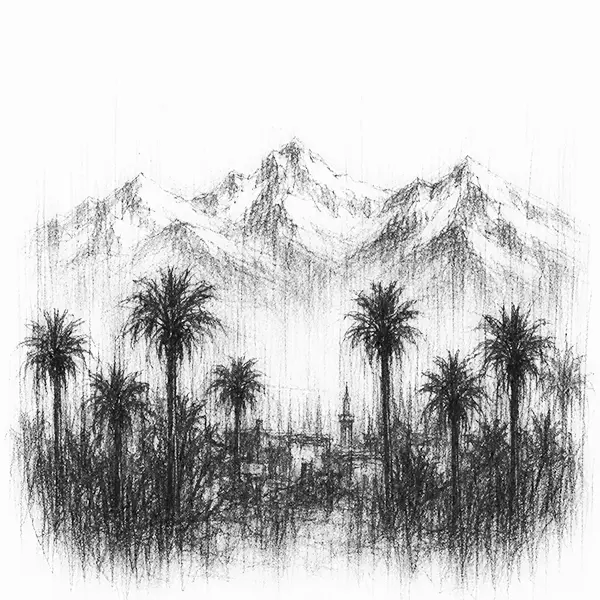 Charcoal sketch of the snow-capped Atlas mountains rising beyond the rooftops of Morocco