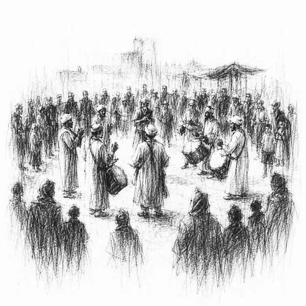 Charcoal sketch of a ring of drummers performing in the great square of Marrakech, onlookers gathered round
