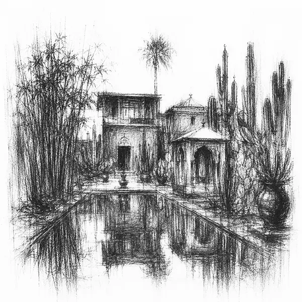 Charcoal sketch of a walled Marrakech garden with palms, bamboo and a cool channel of water