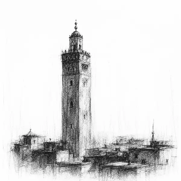 Charcoal sketch of the square Koutoubia minaret standing over the low city of Marrakech