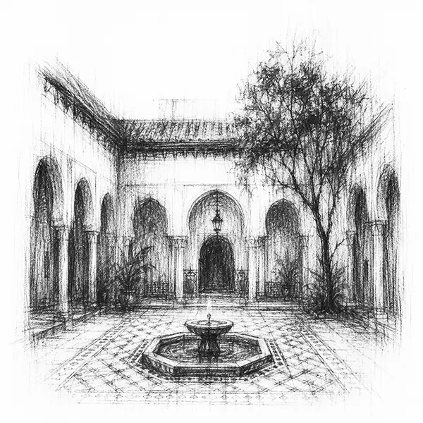 Charcoal sketch of a riad courtyard with a fountain, arches and a tree