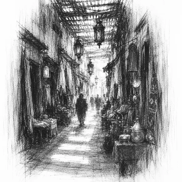 Charcoal sketch of a narrow covered souk lane hung with lamps and goods