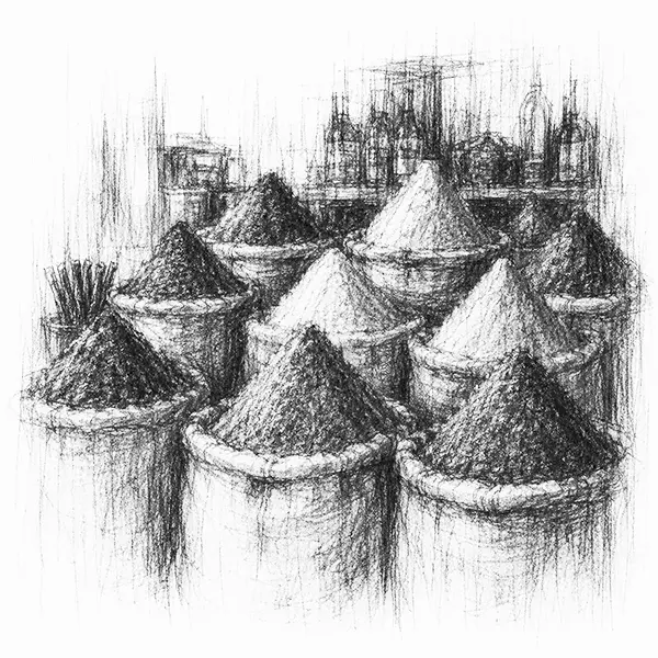 Charcoal sketch of cones of spices heaped at a food stall in the great square of Marrakech