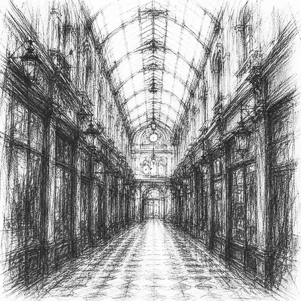 Charcoal sketch of the inside of a glass-roofed nineteenth-century shopping arcade, tiled floor and high arched skylight
