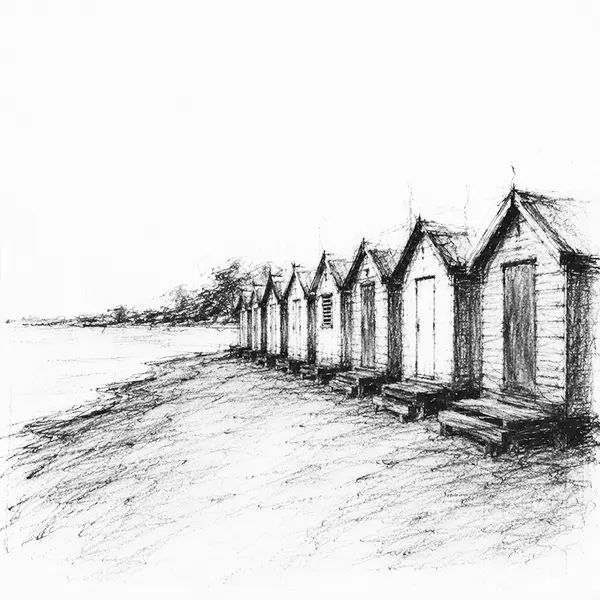 A row of small painted wooden bathing boxes - Melbourne