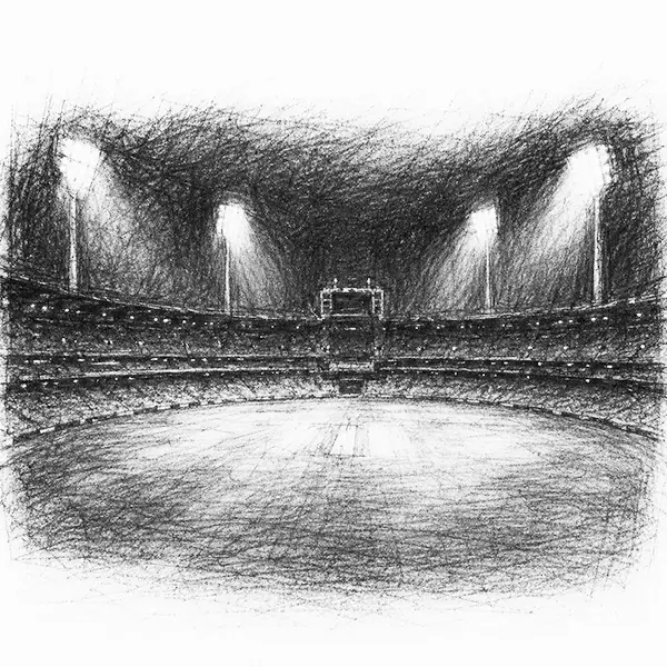 Charcoal sketch of a Melbourne Cricket Ground at night under tall floodlight towers