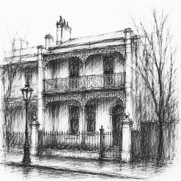 Charcoal sketch of a Victorian terrace verandah laced with cast-iron lacework, two storeys, an empty street