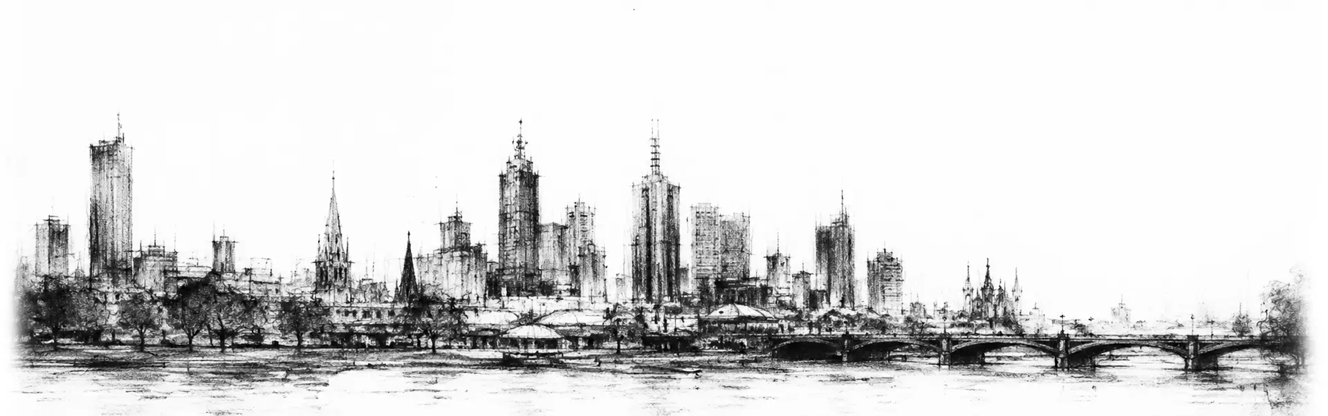 Charcoal sketch of a wide changeable sky over the low Melbourne city, half bright and half storm, tram wires across the foreground and a thin line of the bay - never been abroad