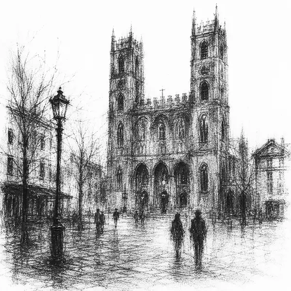 cobbled old-town square and the twin towers of a grey-stone basilica in Montreal