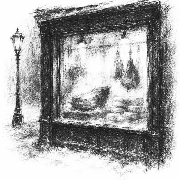 Charcoal sketch of a steamy delicatessen window at night, a slab of cured meat and stacked bread behind the misted glass