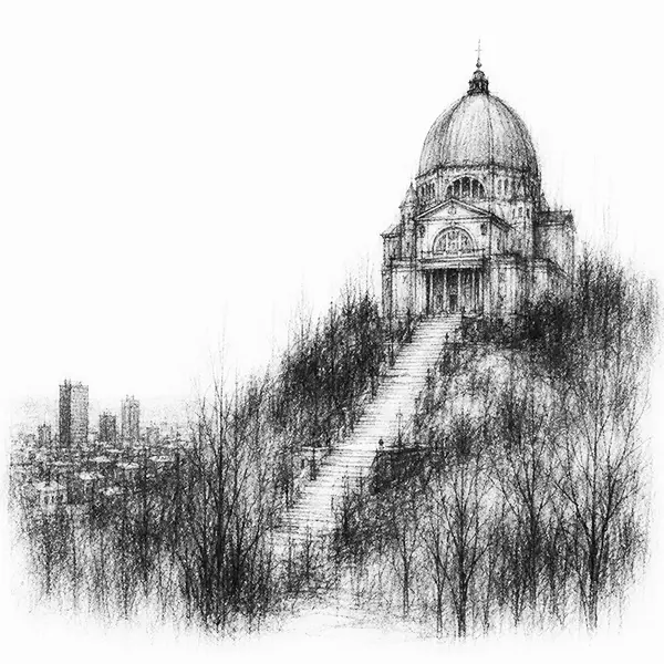 Charcoal sketch of the vast domed Saint Joseph's Oratory rising on the wooded slope of the mountain, a long ceremonial staircase climbing to its doors