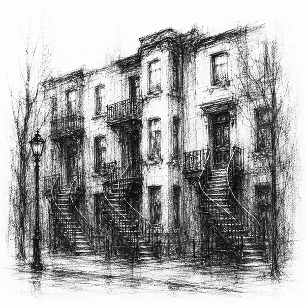 curving exterior iron staircases climbing the brick fronts of a row of triplex houses in Montreal