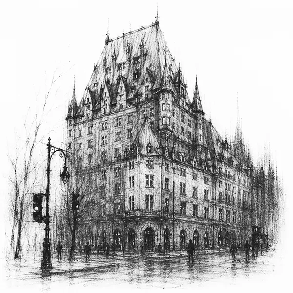The grand old railway hotel with a steep green-copper château roof in Montreal