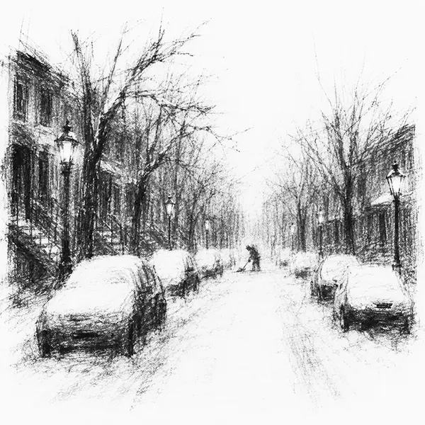 Charcoal sketch of a quiet residential street under fresh snow, parked cars buried, bare trees, soft lamplight