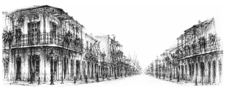 Charcoal sketch of a French Quarter street of iron-lace balconies in New Orleans - never been abroad
