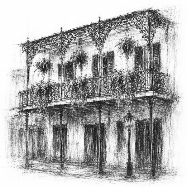 Charcoal sketch of an iron gallery hung with ferns in New Orleans