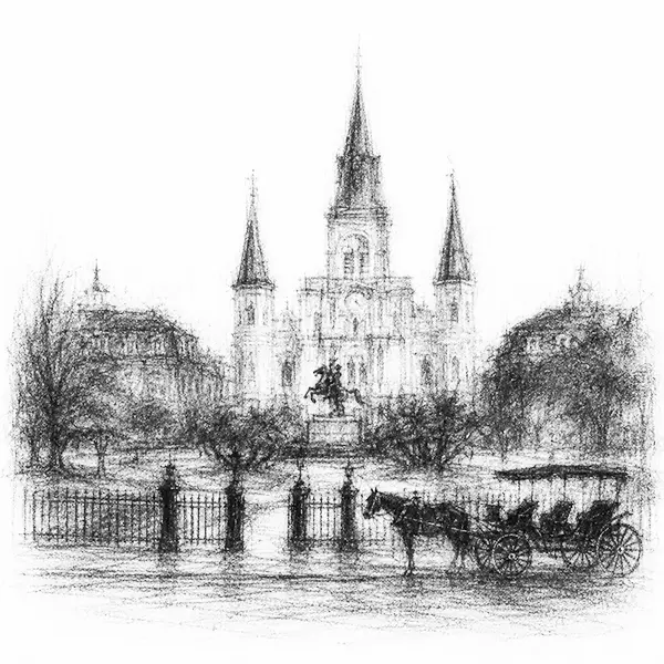 Charcoal sketch of St. Louis Cathedral over Jackson Square