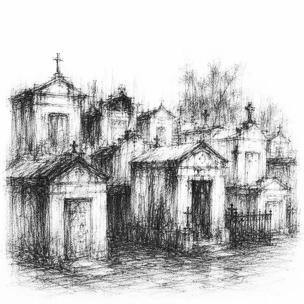 Charcoal sketch of rows of above-ground stone tombs in New Orleans