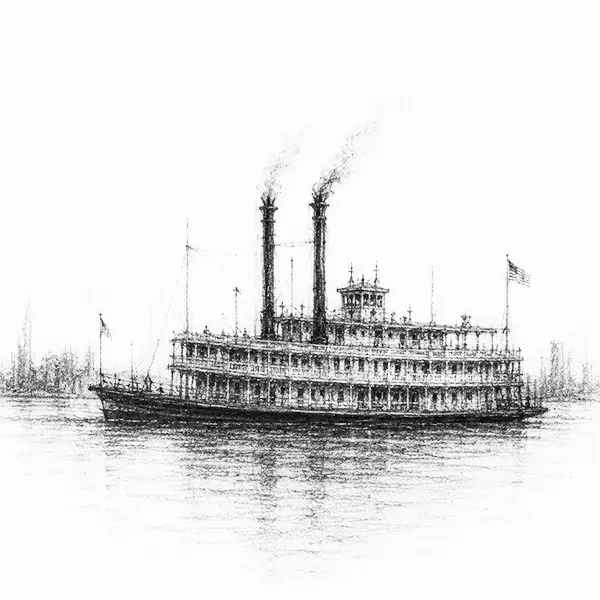 Charcoal sketch of a paddle-wheel steamboat on the Mississippi
