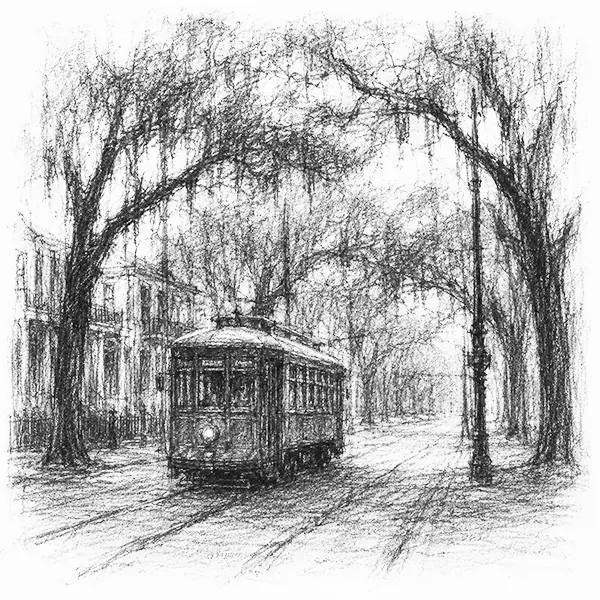 Charcoal sketch of an old streetcar under the trees in New Orleans