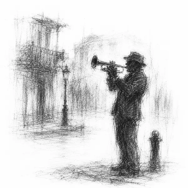 Charcoal sketch of a lone corner trumpeter