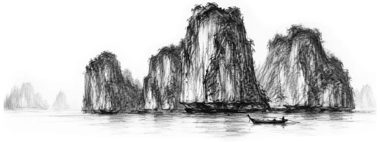 Charcoal sketch of the Phuket coast of limestone karst islands in the Andaman Sea - never been abroad