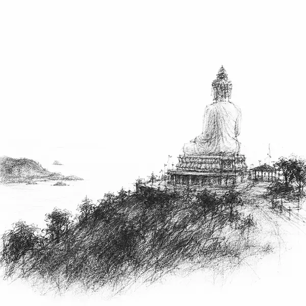 Charcoal sketch of the Big Buddha on its green hill in Phuket