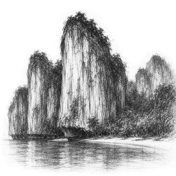 Charcoal sketch of karst cliffs above a beach off Phuket