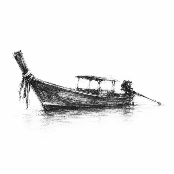 Charcoal sketch of a long-tail boat with its bow ribbons at Phuket