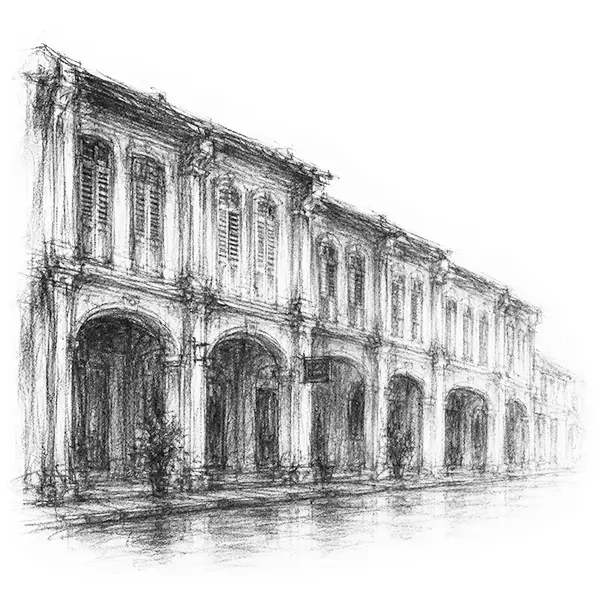 Charcoal sketch of a Sino-Portuguese shophouse street