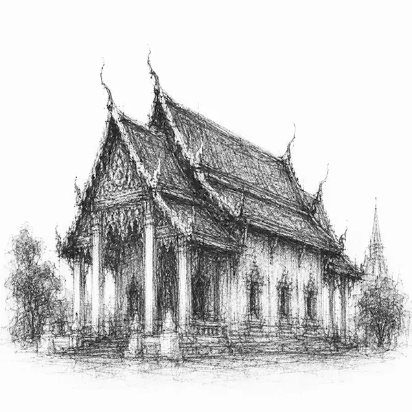 Charcoal sketch of a temple roof of gilded flames