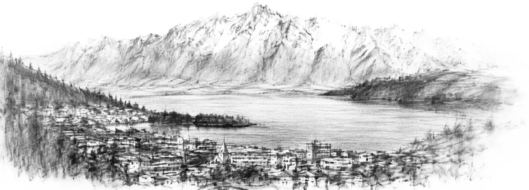 Charcoal sketch of the lakeside town of Queenstown below the snow-capped Remarkables - never been abroad