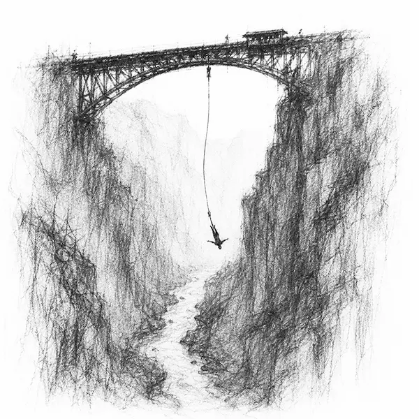 Charcoal sketch of a bungee jumper falling from an old river bridge in Queenstown
