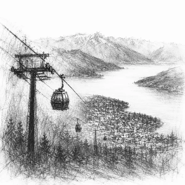 Charcoal sketch of the gondola view over Queenstown and the long lake