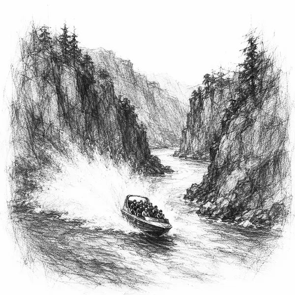 Charcoal sketch of a jet boat throwing a fan of spray in a rock gorge