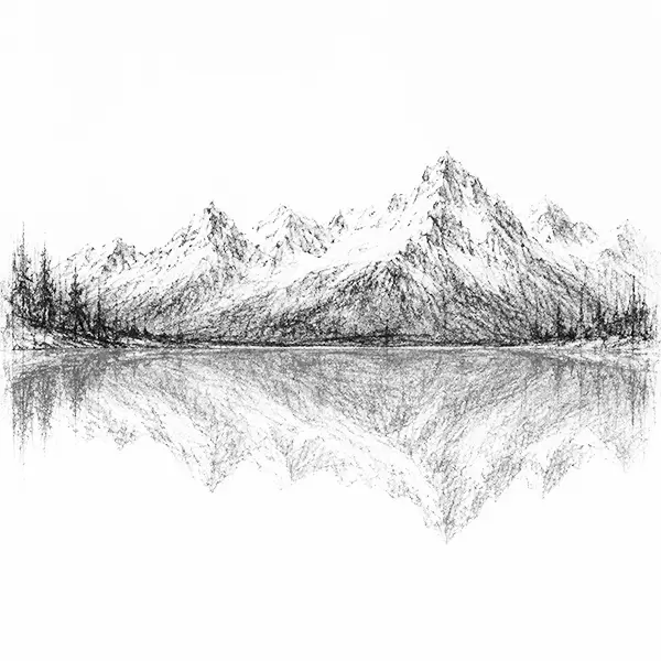 Charcoal sketch of snow peaks mirrored dead-still in the lake