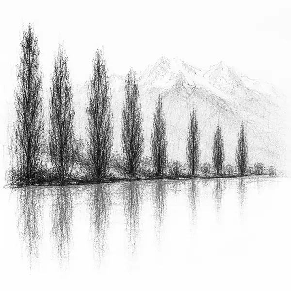 Charcoal sketch of gold autumn poplars along the lakeshore